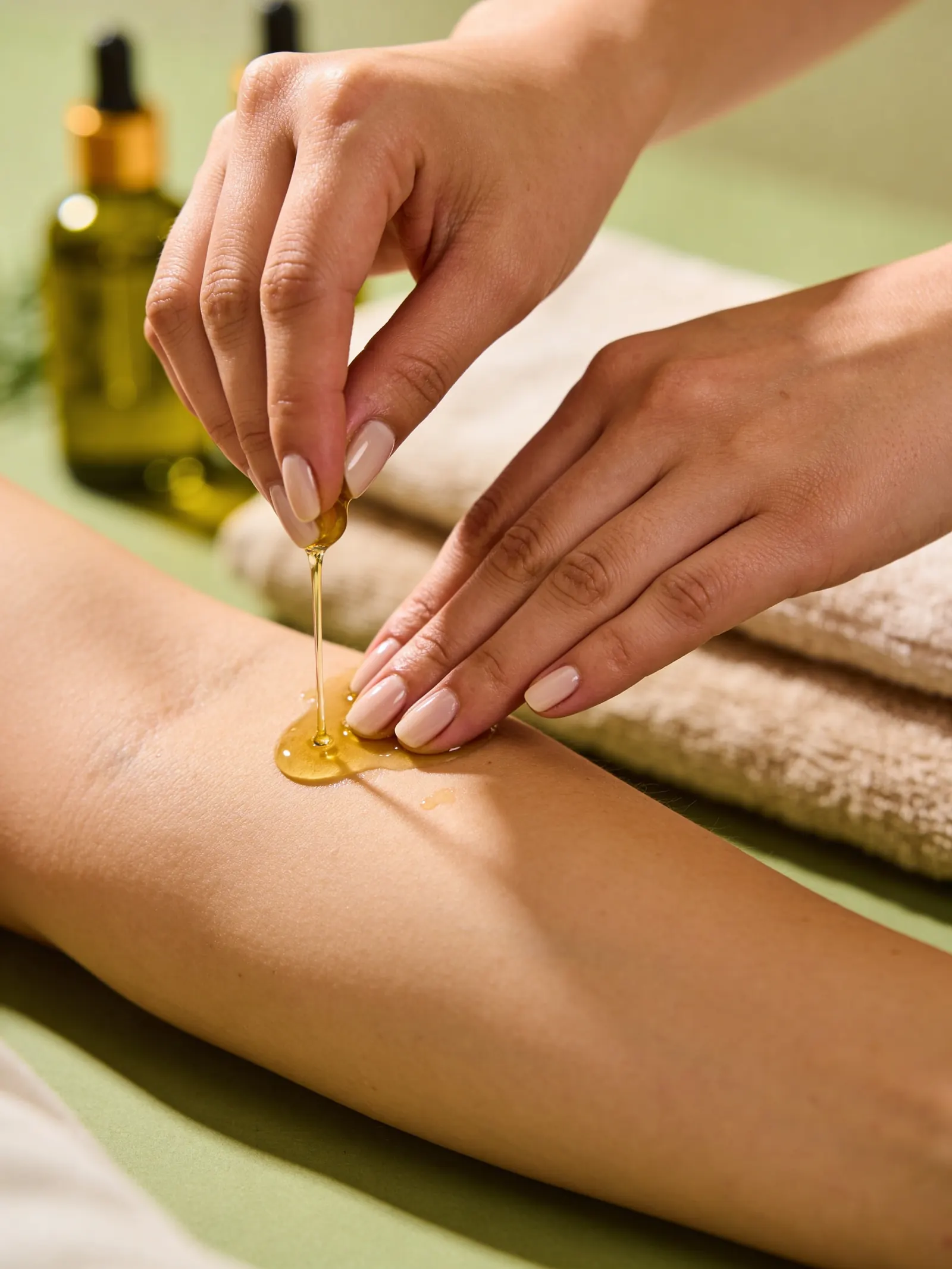 Hands gently massaging with warm olive oil