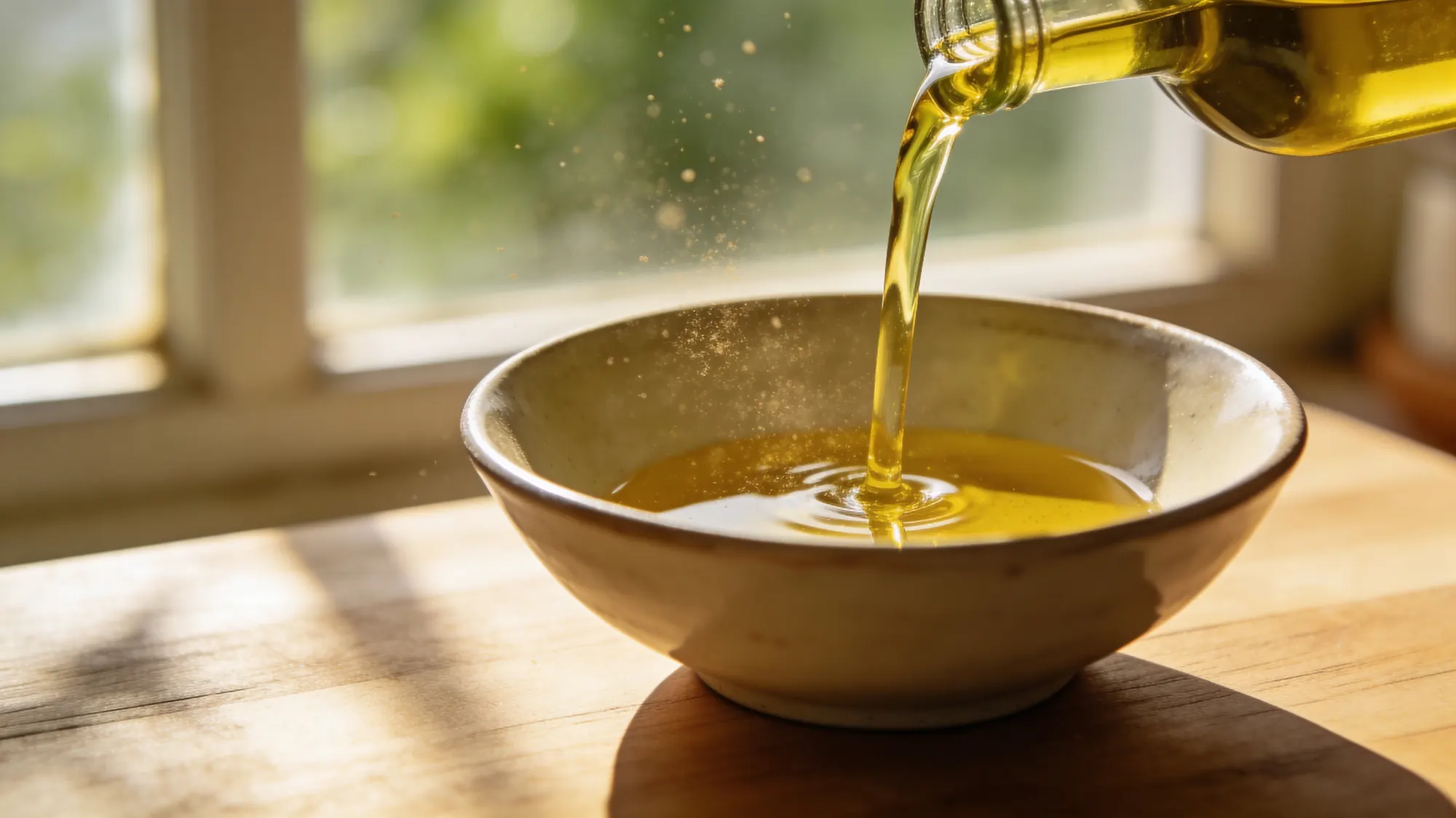 Golden olive oil being poured into a small clay vessel
